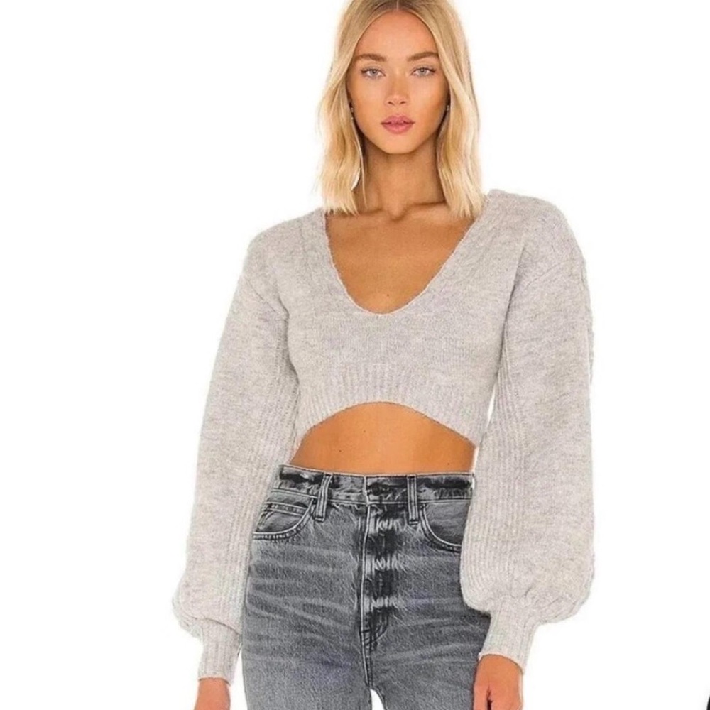 For Love and Lemons Women's Gray Cropped Sweater With Open Back